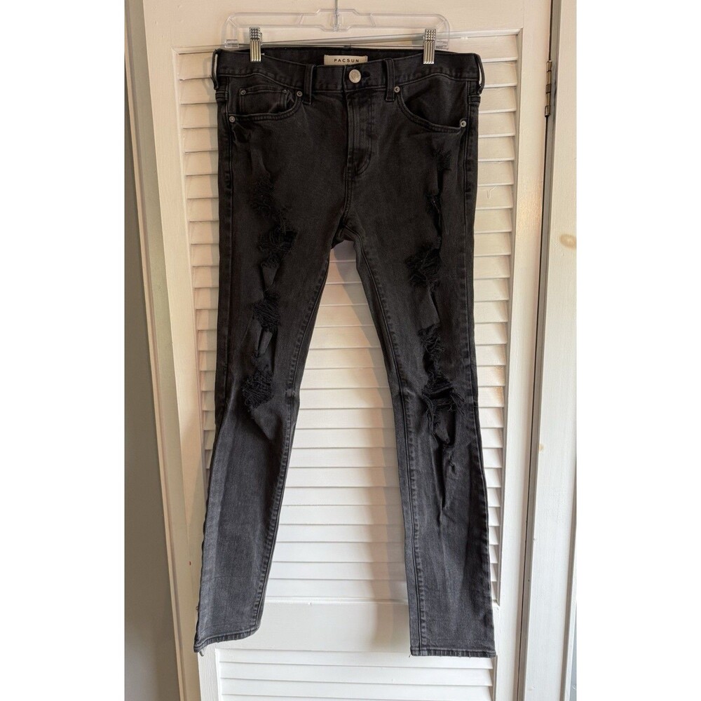 PacSun Skinny Jeans Mens 31x32 Black Stacked Skinny Distressed Ripped Denim Emo